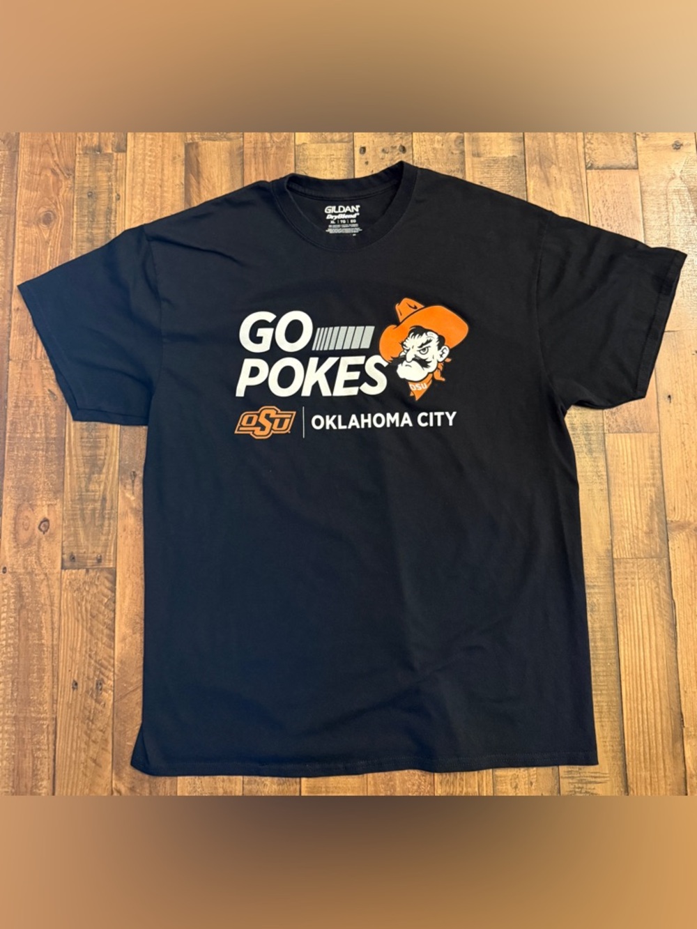 Gildan Black Oklahoma State T-Shirt with White and Orange OSU 'Go Pokes' Graphic
